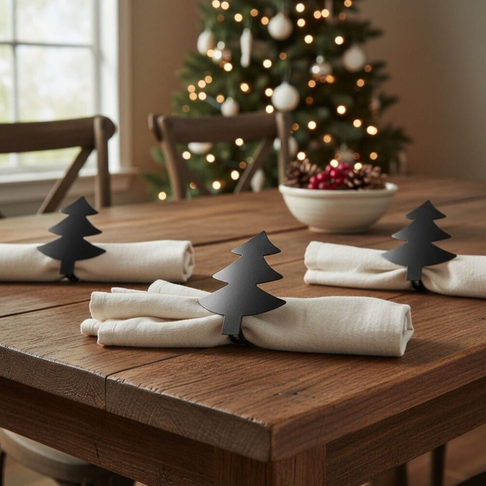 Set of 4 Matte Black Metal Pine Tree Napkin Rings  Rustic Lodge Christmas Decor